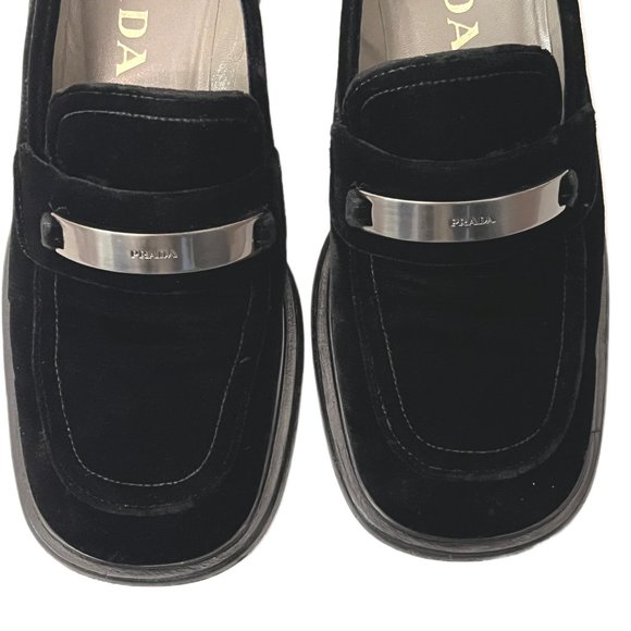 Prada Vintage Black Velvet Chunky Loafers with Metal Logo Size 36.5 US Size 6.5 - Picture 7 of 11